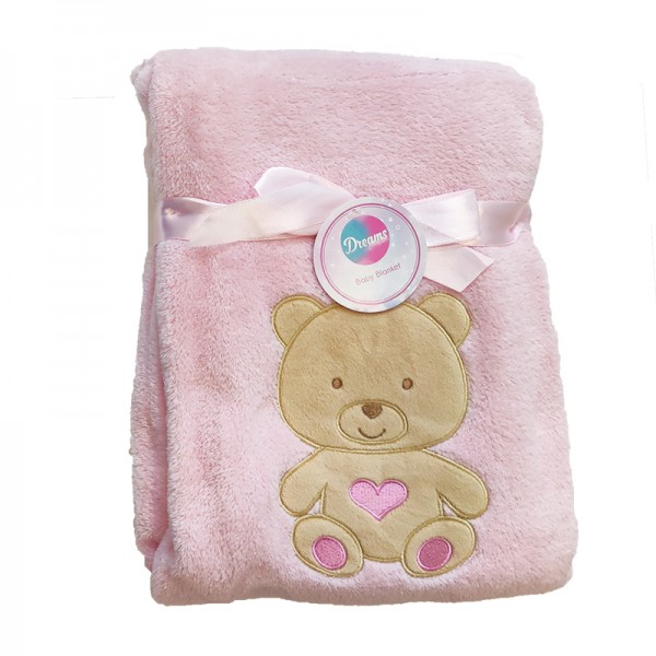 Κουβέρτα fleece με ραμμένο αρκουδάκι, ροζ